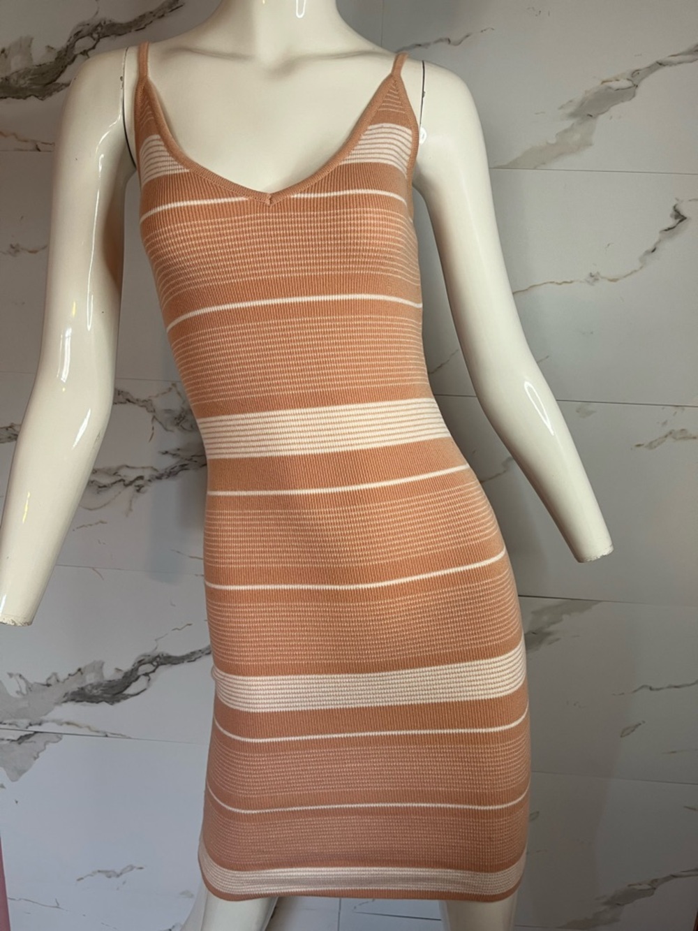 Guess Peach & White Striped Ribbed Knit Bodycon Stretch Mini Dress Size XS